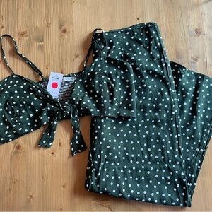Two piece dark green polka dot linen set from small boutique